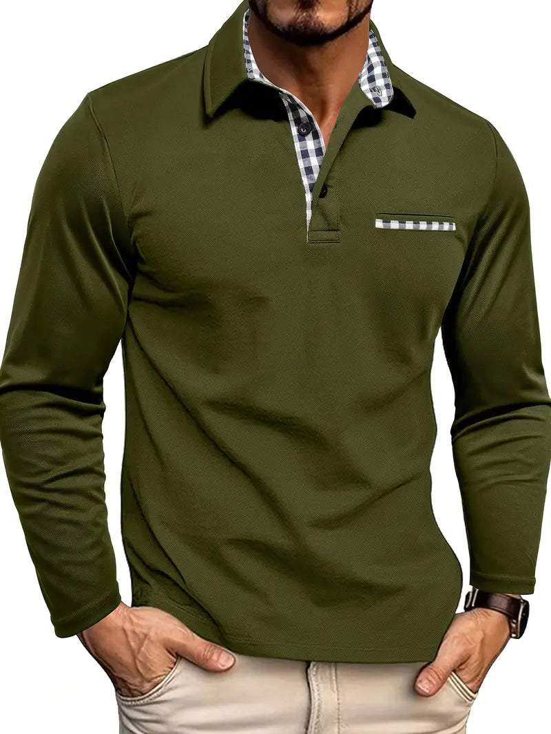 Polo à manches longues pour homme, coupe ajustée avec col et poche à empiècements à carreaux