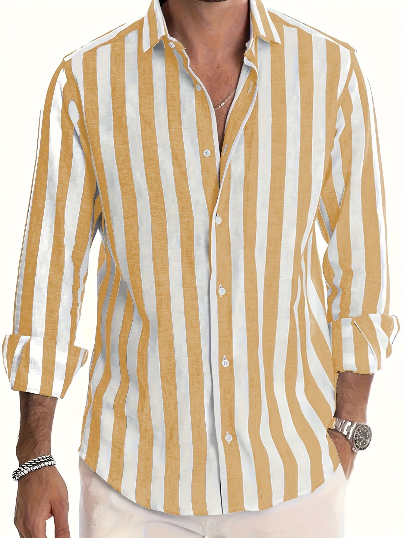 Chemise à rayures pour homme en mélange de lin et coton avec col à revers structuré
