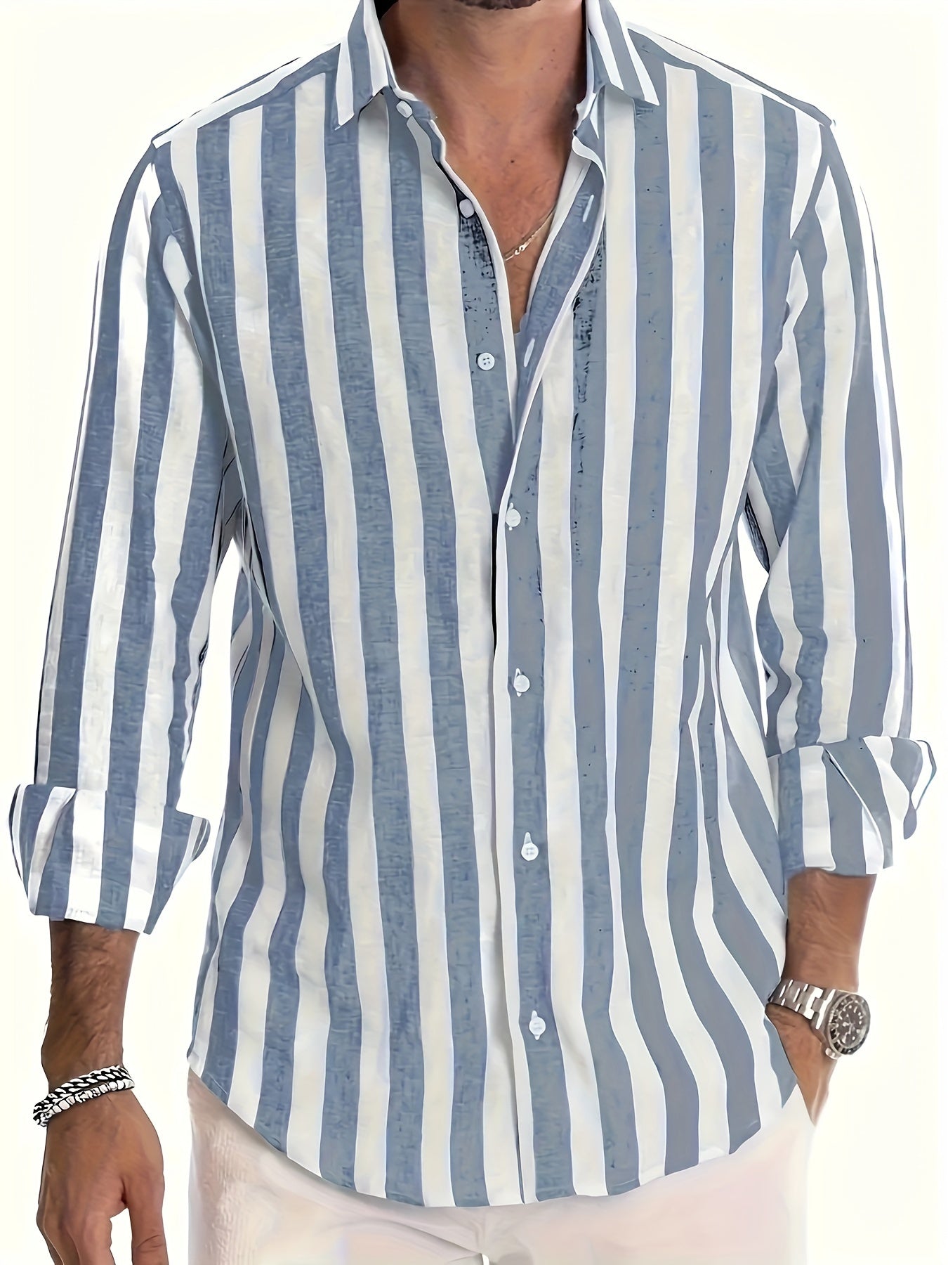 Chemise à rayures pour homme en mélange de lin et coton avec col à revers structuré