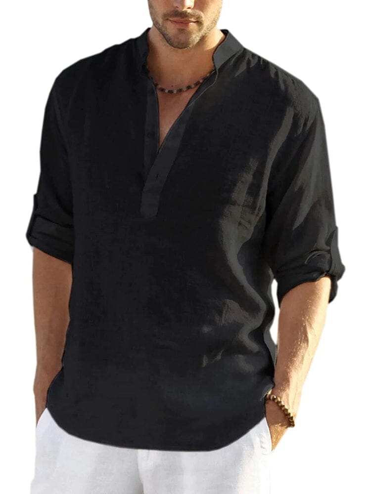 Chemise en coton et chanvre pour homme avec col montant boutonné et manches longues