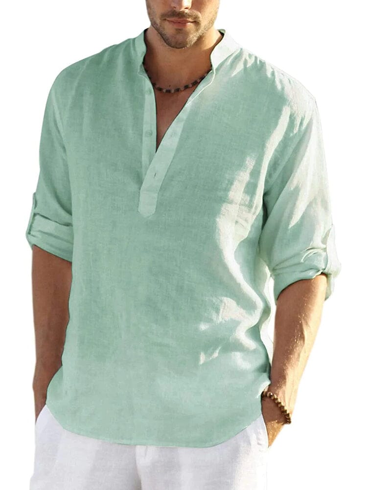 Chemise en coton et chanvre pour homme avec col montant boutonné et manches longues
