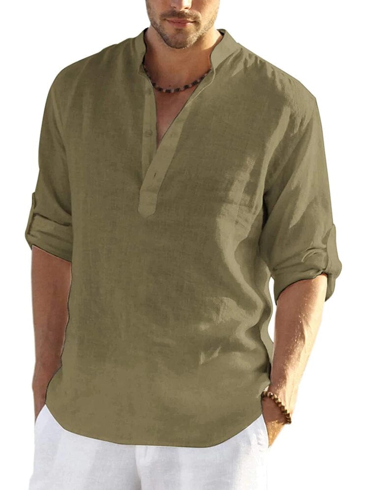 Chemise en coton et chanvre pour homme avec col montant boutonné et manches longues