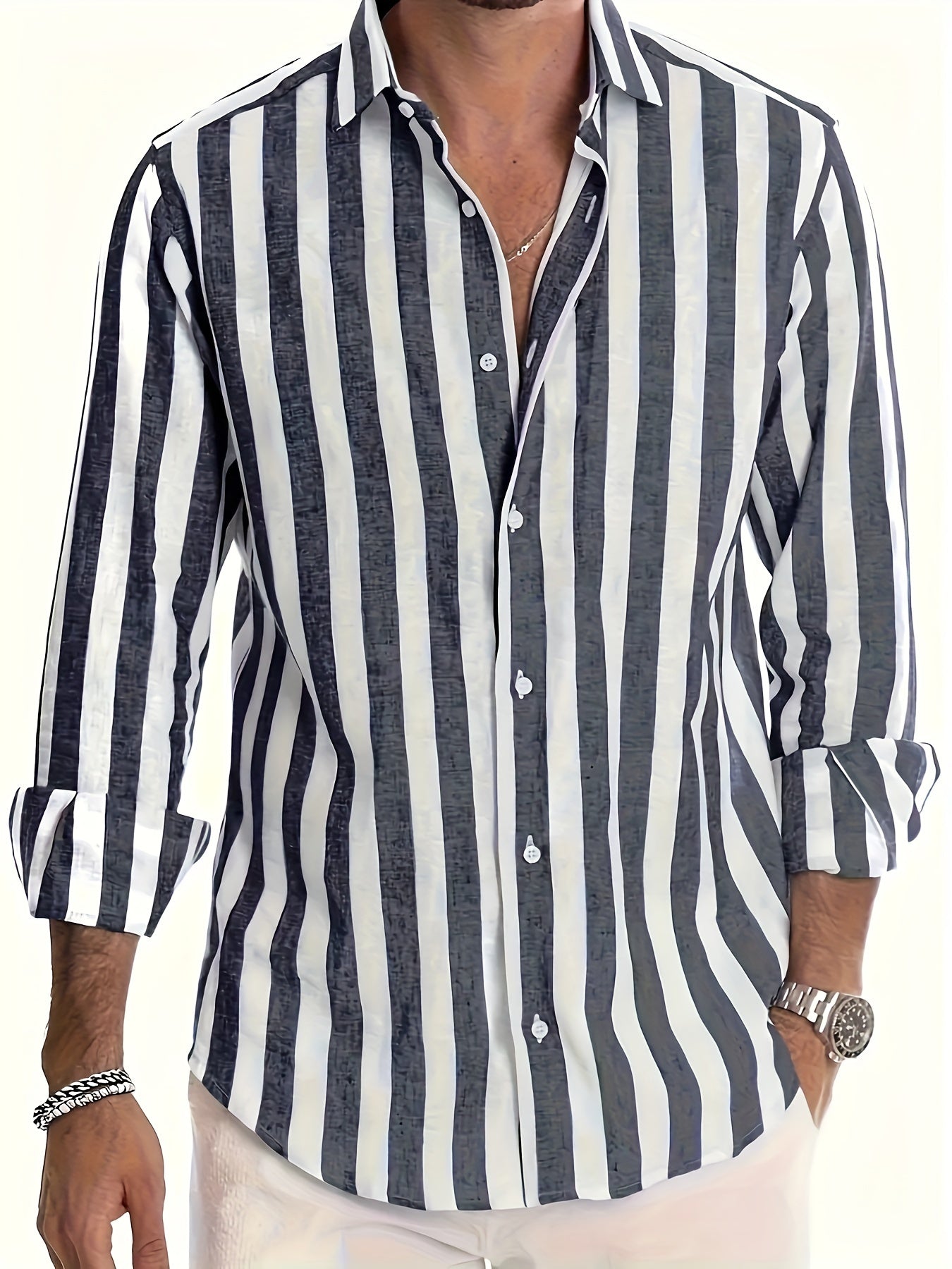 Chemise à rayures pour homme en mélange de lin et coton avec col à revers structuré