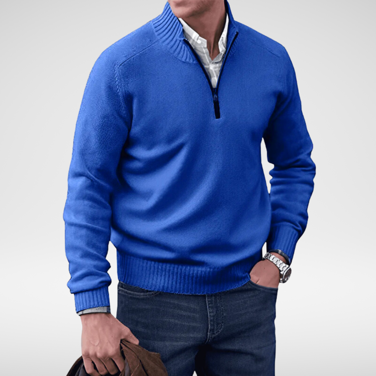 Pull homme à col montant et demi-fermeture éclair en coton, coupe ajustée