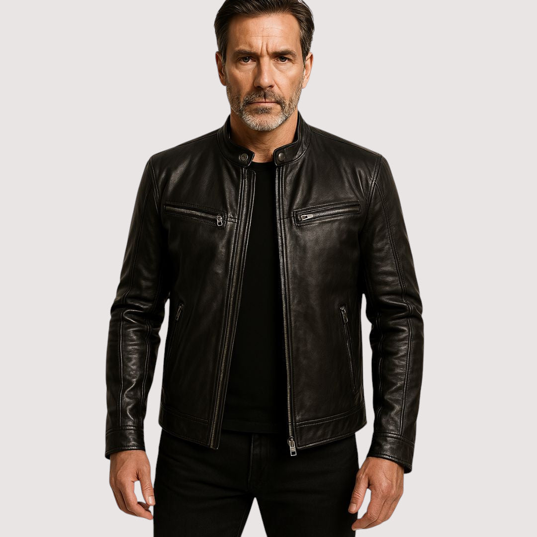 Veste en cuir véritable pour homme à coupe ajustée, portée en look décontracté