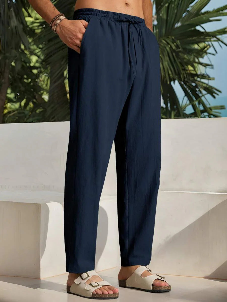 Pantalon d'été en coton pour homme à coupe fuselée avec cordon de taille