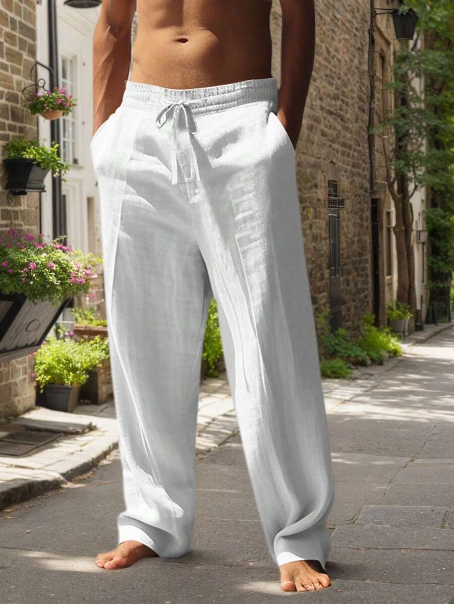 Pantalon en lin léger pour homme à jambes droites avec taille élastique et cordon