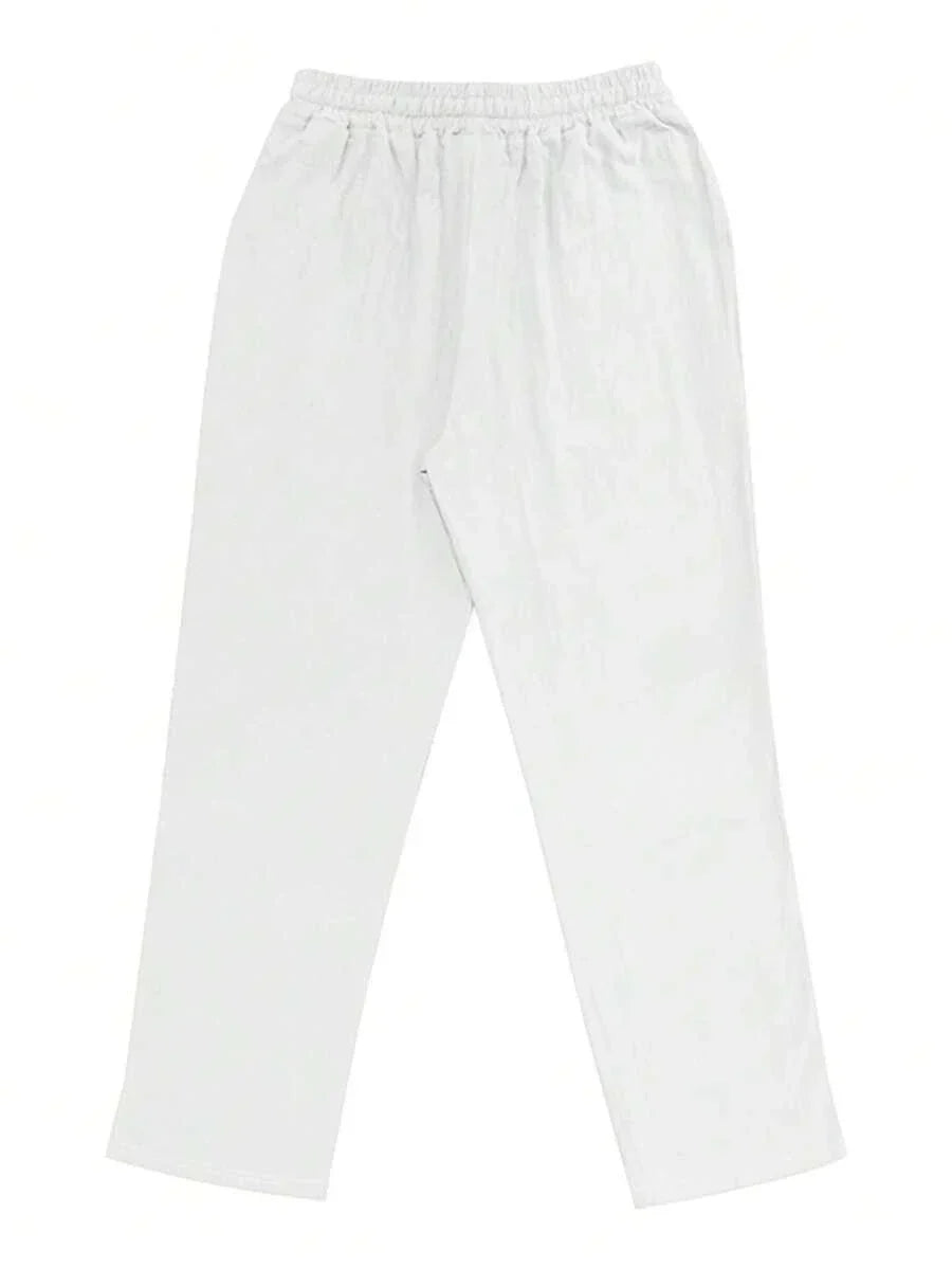 Pantalon en lin léger pour homme à jambes droites avec taille élastique et cordon