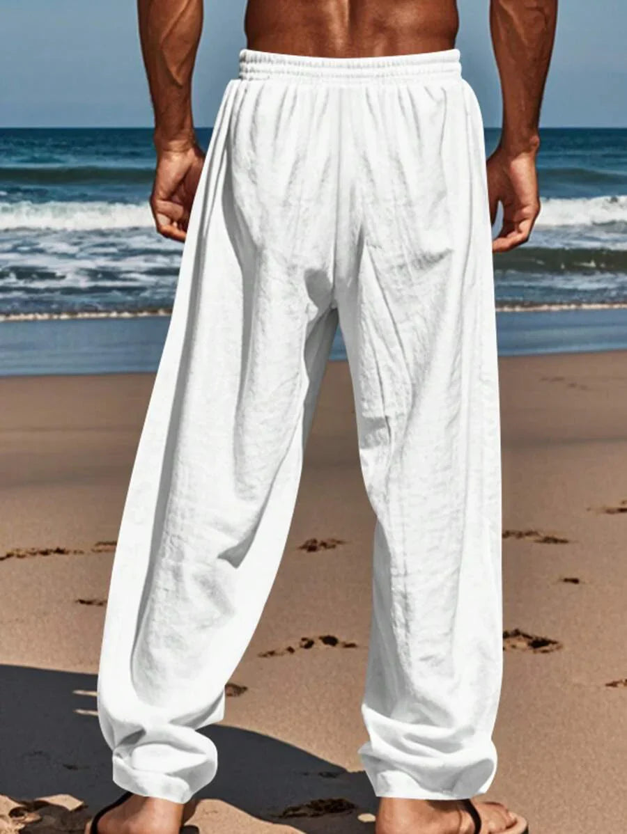 Pantalon en lin léger pour homme à jambes droites avec taille élastique et cordon