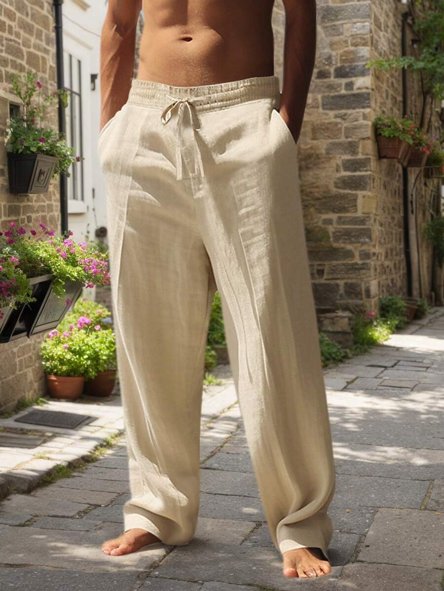 Pantalon en lin léger pour homme à jambes droites avec taille élastique et cordon