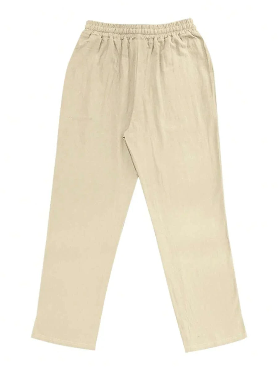Pantalon en lin léger pour homme à jambes droites avec taille élastique et cordon