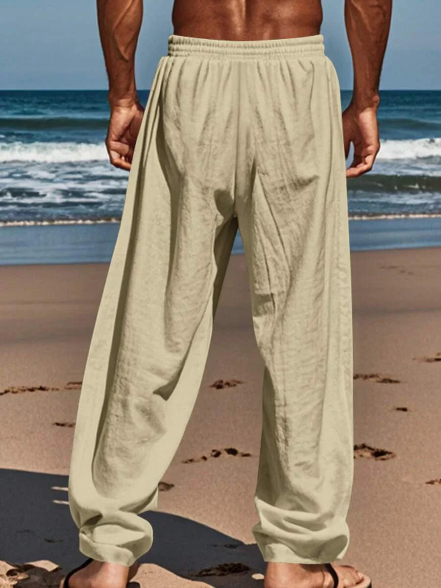 Pantalon en lin léger pour homme à jambes droites avec taille élastique et cordon