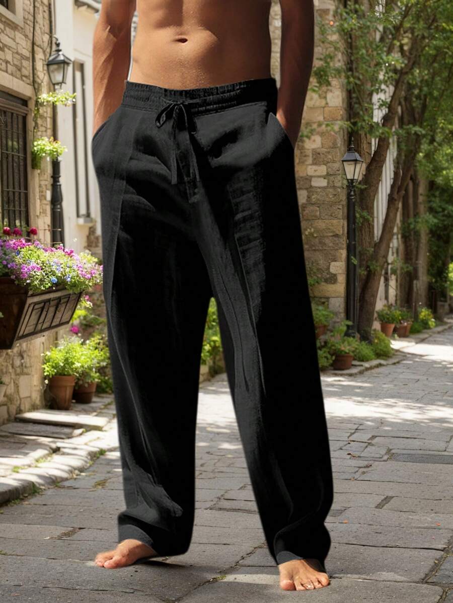 Pantalon en lin léger pour homme à jambes droites avec taille élastique et cordon