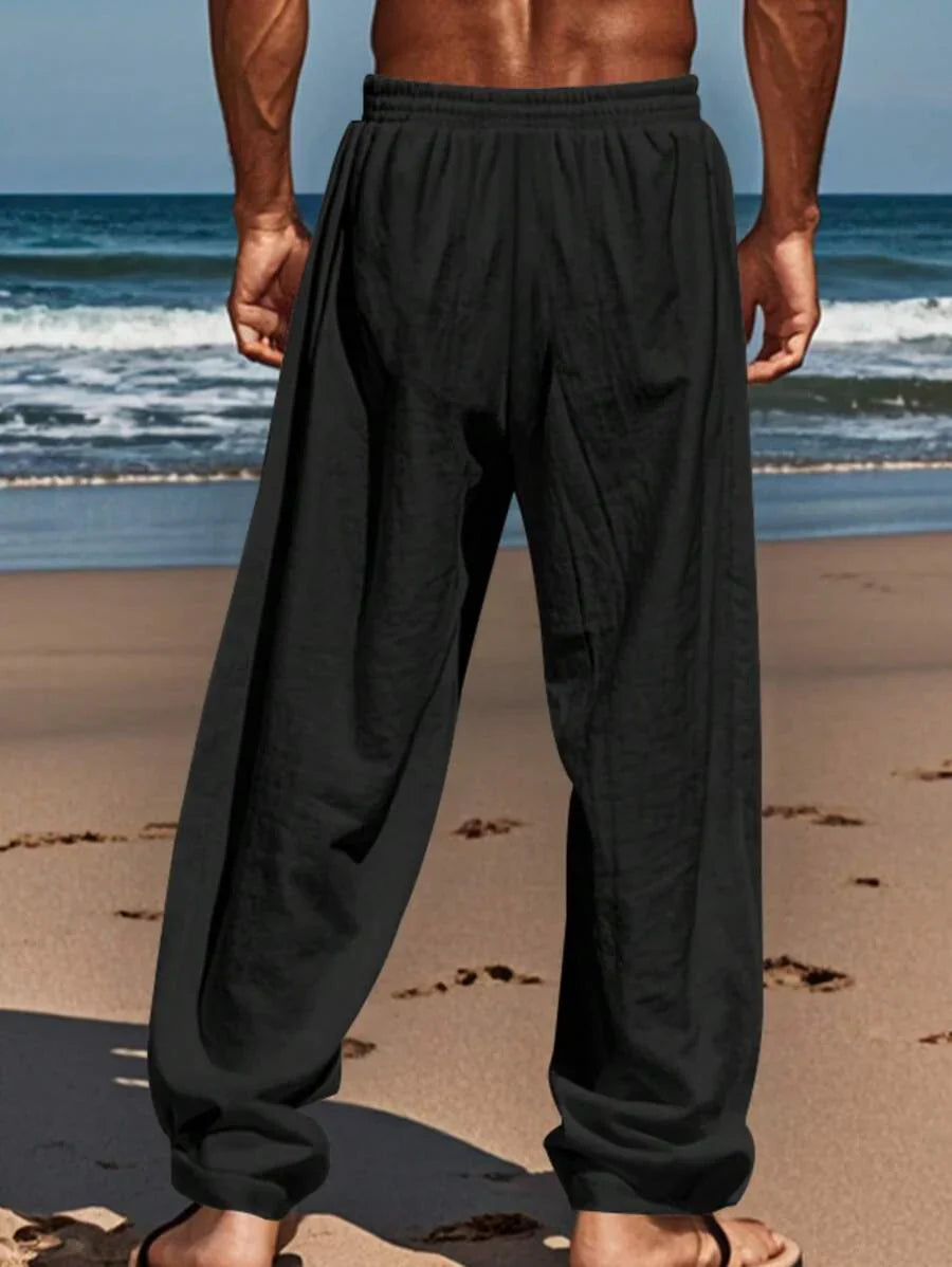 Pantalon en lin léger pour homme à jambes droites avec taille élastique et cordon