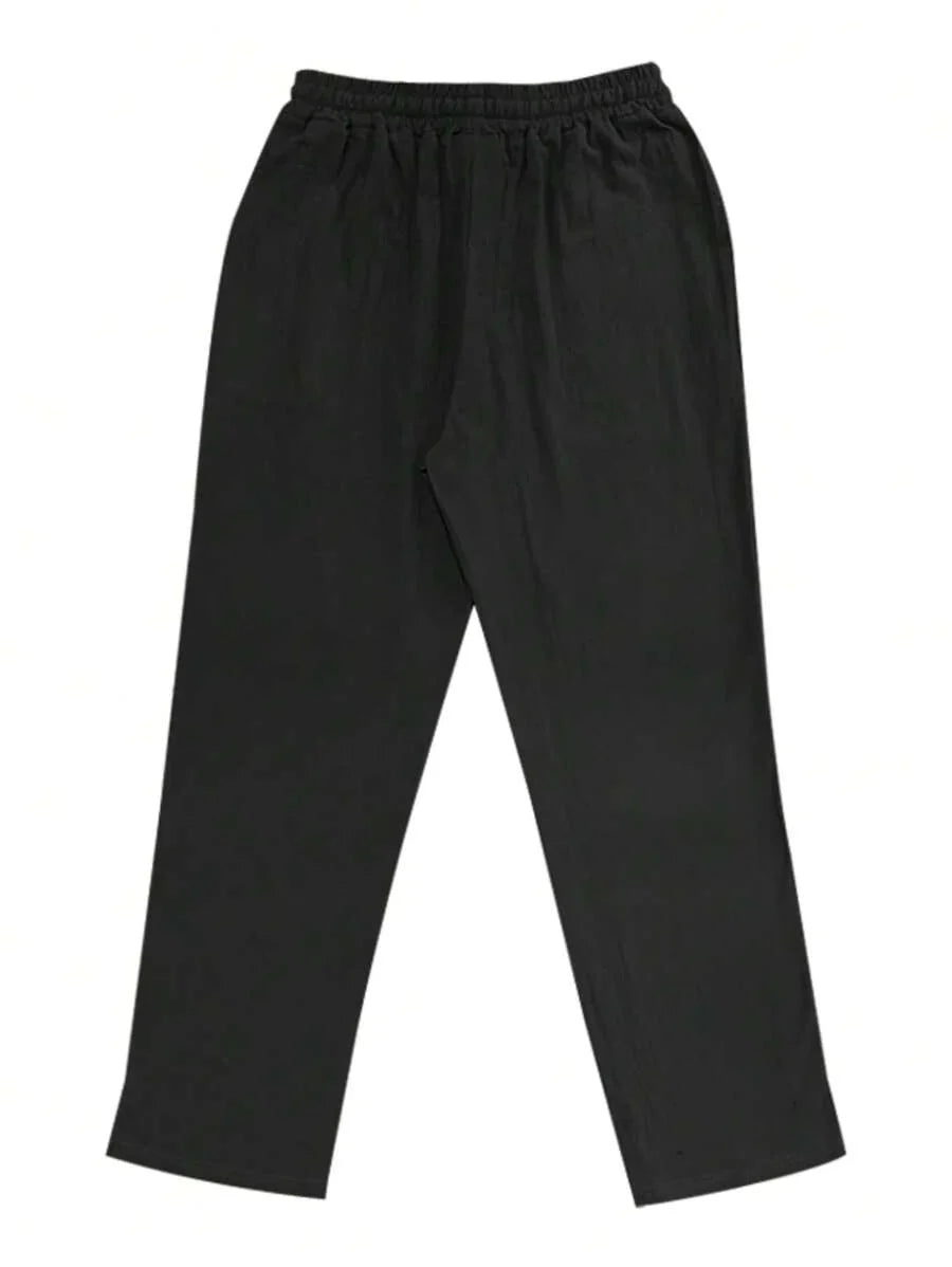 Pantalon en lin léger pour homme à jambes droites avec taille élastique et cordon