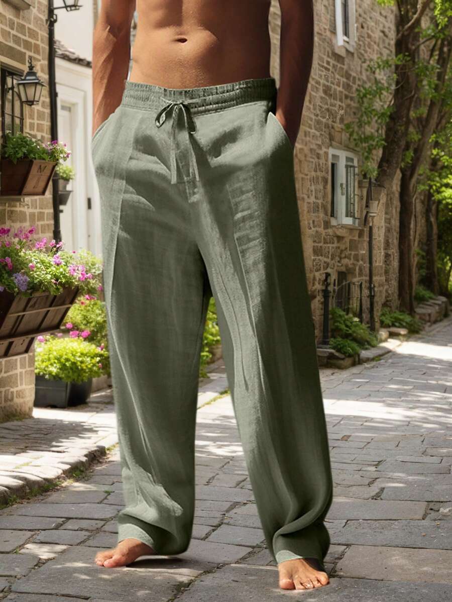 Pantalon en lin léger pour homme à jambes droites avec taille élastique et cordon