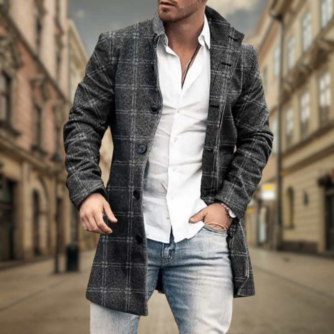 Manteau élégant gris à carreaux pour homme, coupe raffinée et lignes épurées