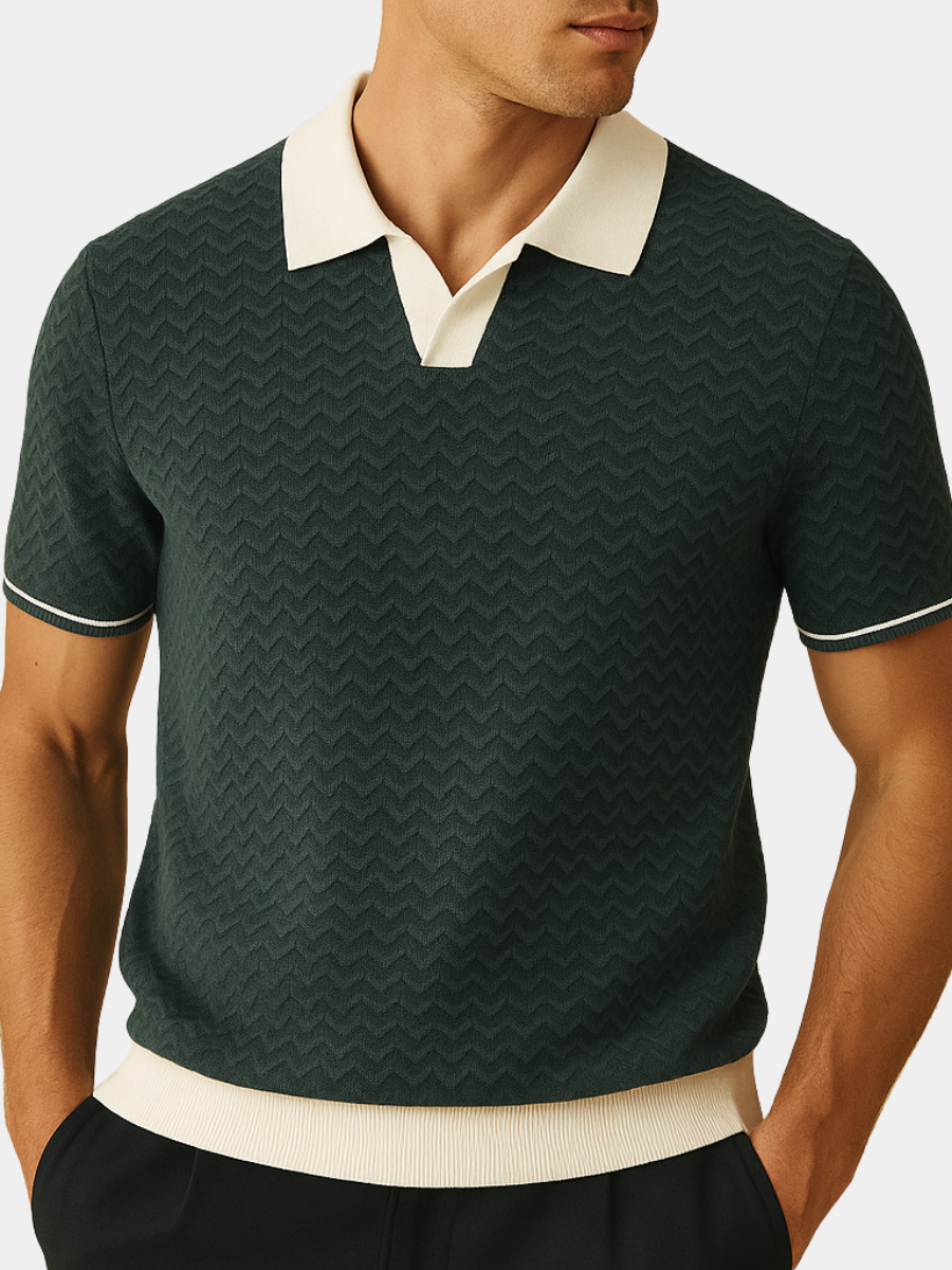 Polo homme texturé à vagues avec col et ourlet à deux tons, tissu léger et respirant