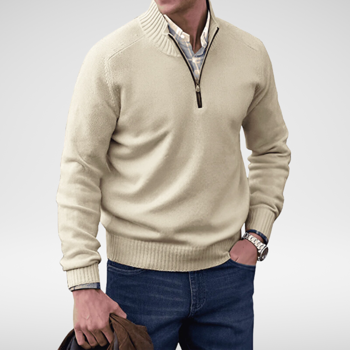 Pull homme à col montant et demi-fermeture éclair en coton, coupe ajustée