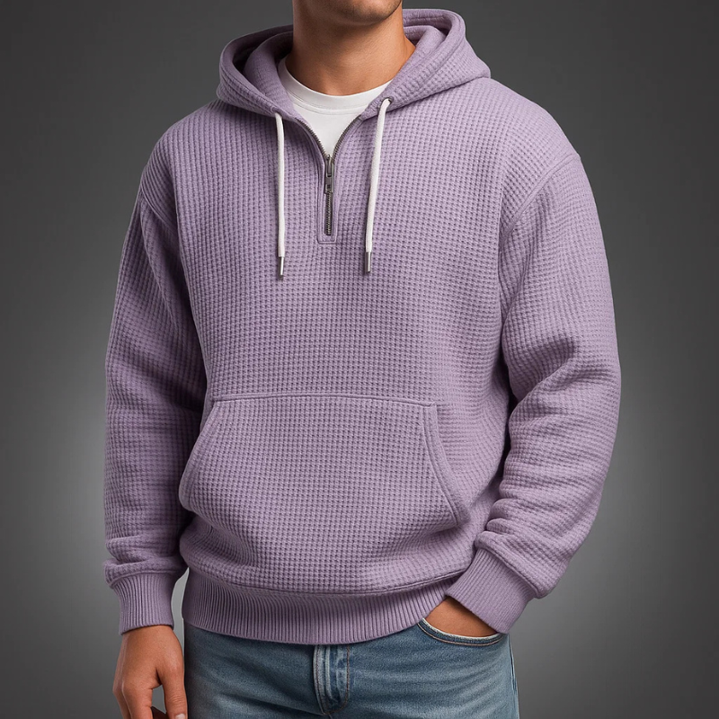 Sweat à capuche pour homme en maille waffle avec fermeture demi-zip et ourlet côtelé