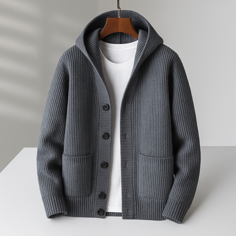 Cardigan à capuche en laine pour homme avec ourlet et poignets côtelés