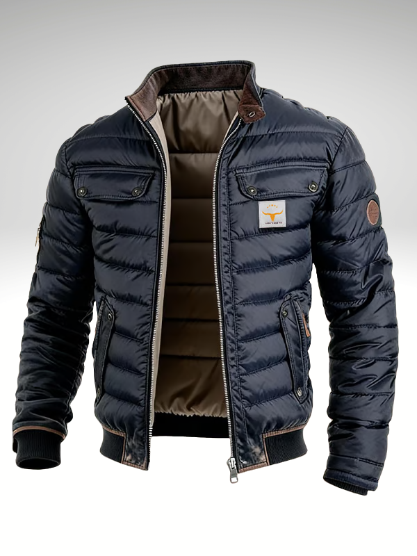 Veste urbaine pour homme bleu marine avec col montant et poches poitrine boutonnées