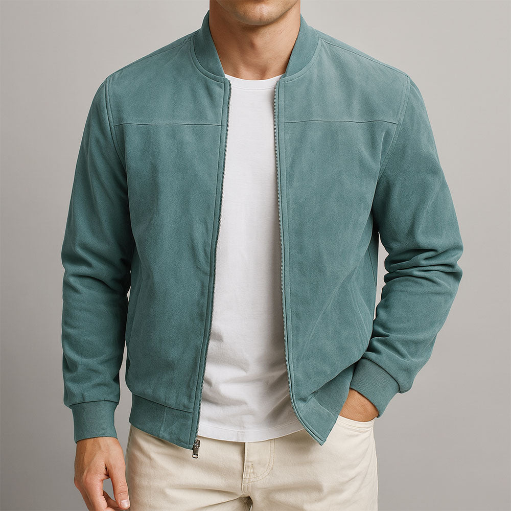 Veste homme en cuir suédé marron à col précis et silhouette épurée