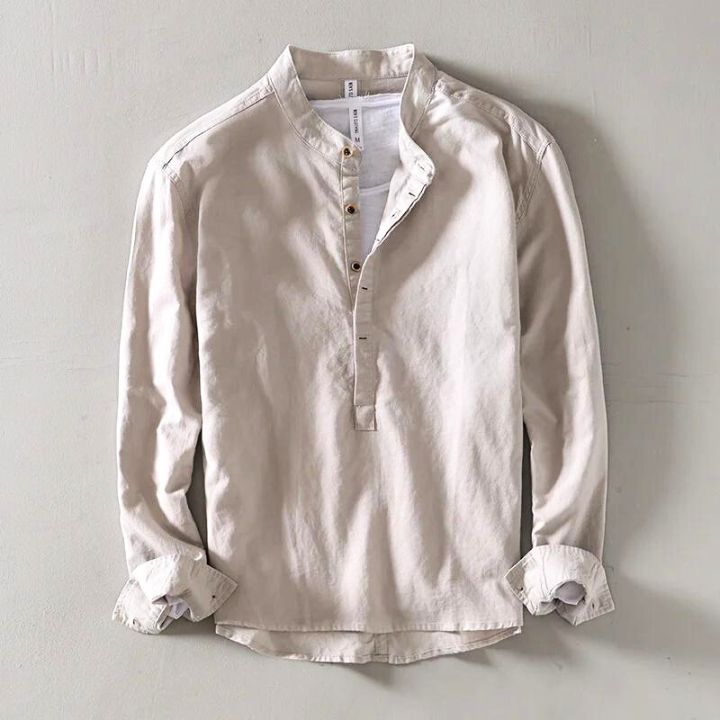 Chemise en lin lavé pour homme à encolure ouverte et patte à quatre boutons