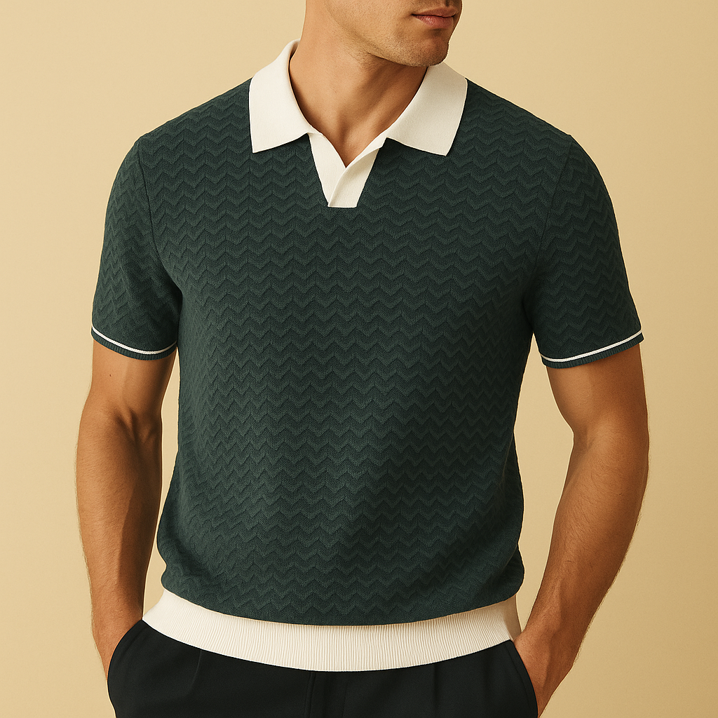 Polo homme texturé à vagues avec col et ourlet à deux tons, tissu léger et respirant