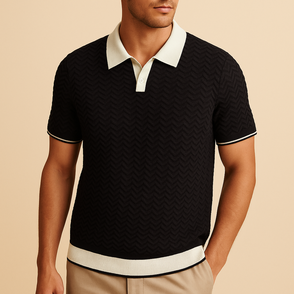 Polo homme texturé à vagues avec col et ourlet à deux tons, tissu léger et respirant