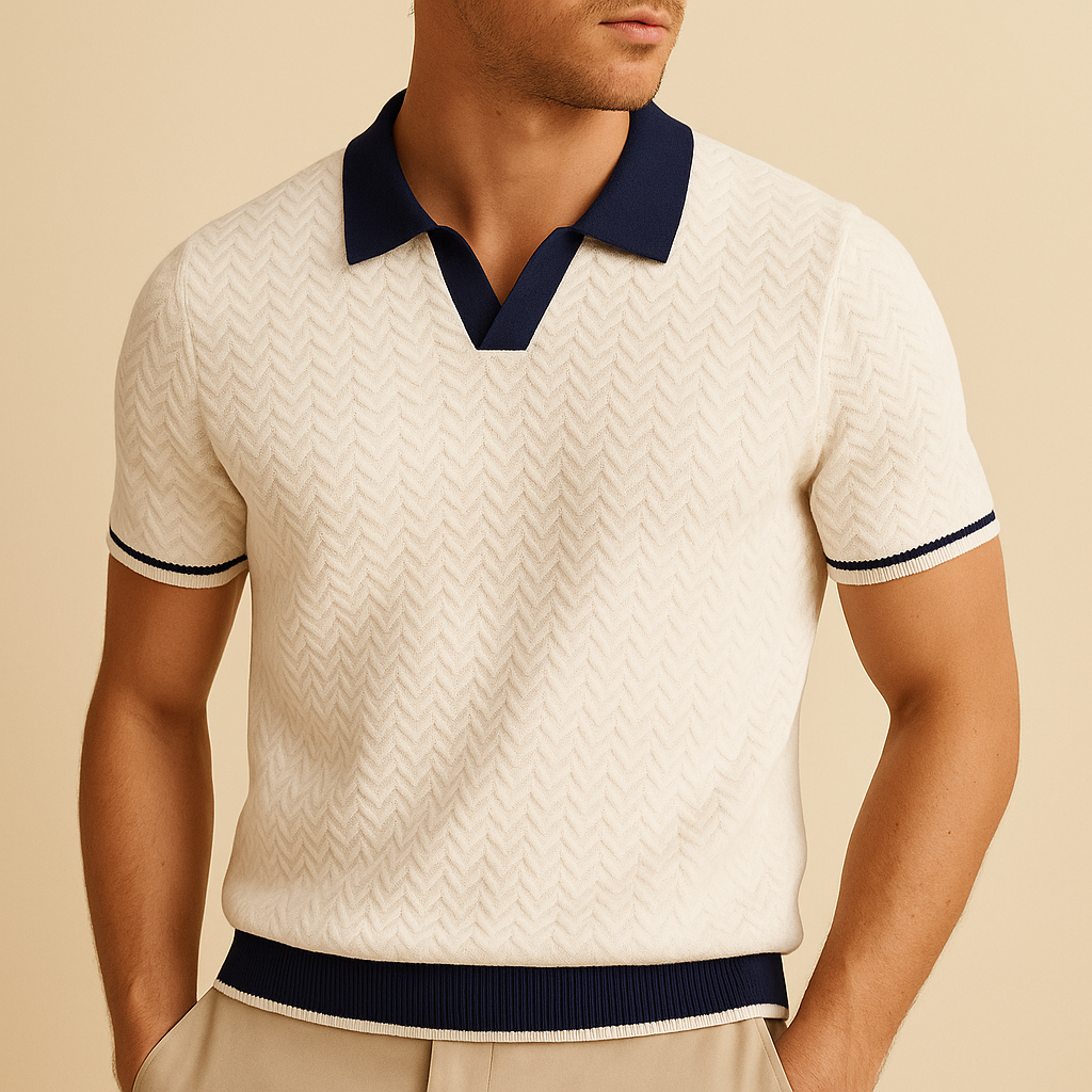 Polo homme texturé à vagues avec col et ourlet à deux tons, tissu léger et respirant