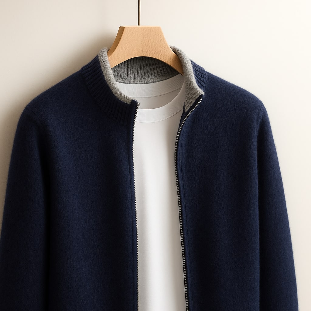 Pull zippé en maille pour homme à coupe droite, disponible en camel, gris et bleu