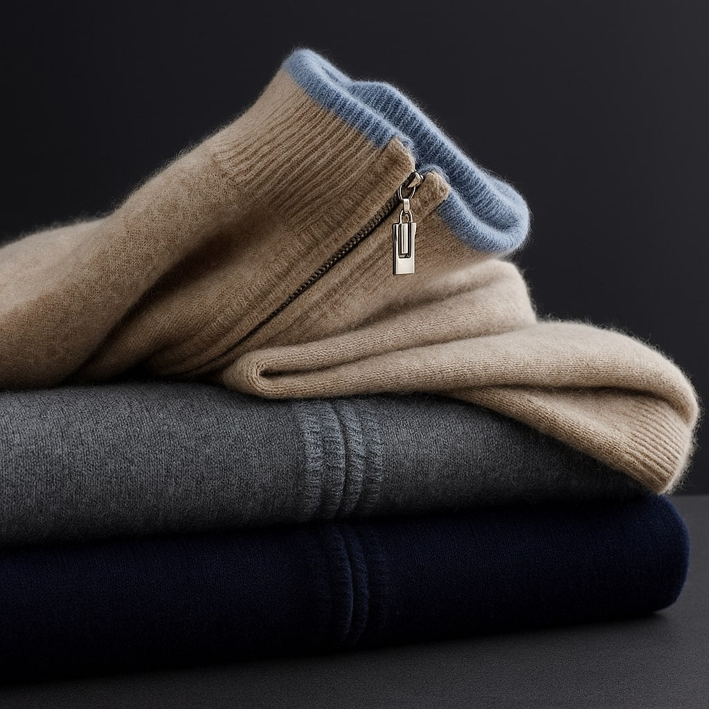 Pull zippé en maille pour homme à coupe droite, disponible en camel, gris et bleu