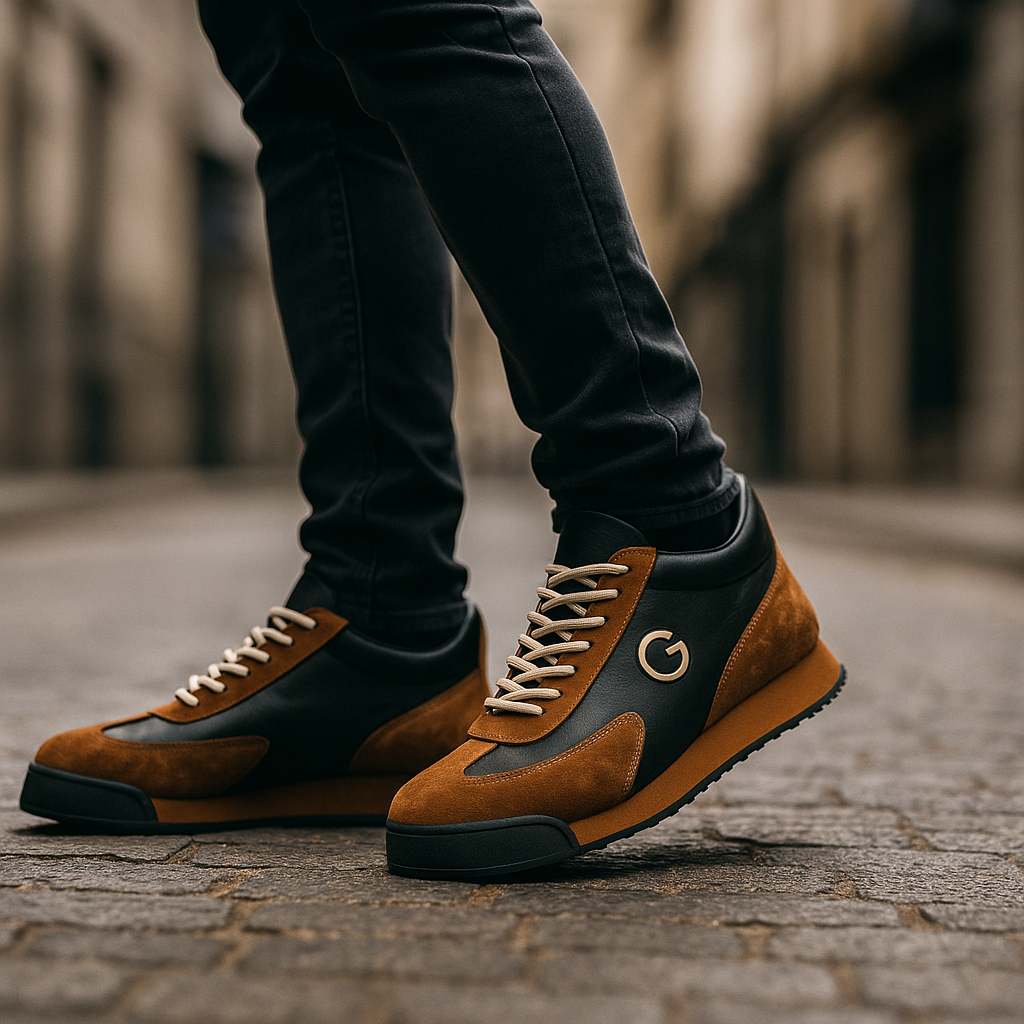 Baskets pour homme en cuir suédé avec base effet cuir lisse, coloris marron et noir