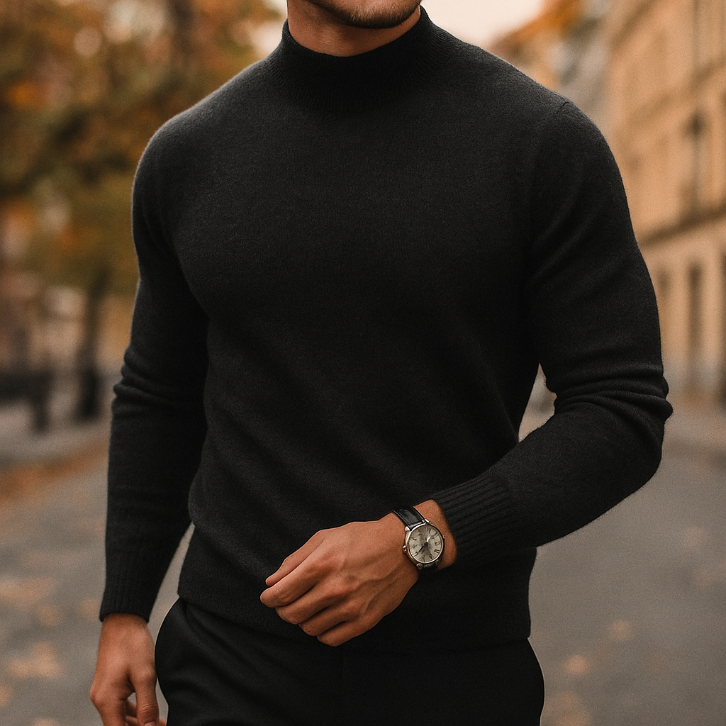 Pull en laine à col semi-montant pour homme, coupe moderne et maille fine