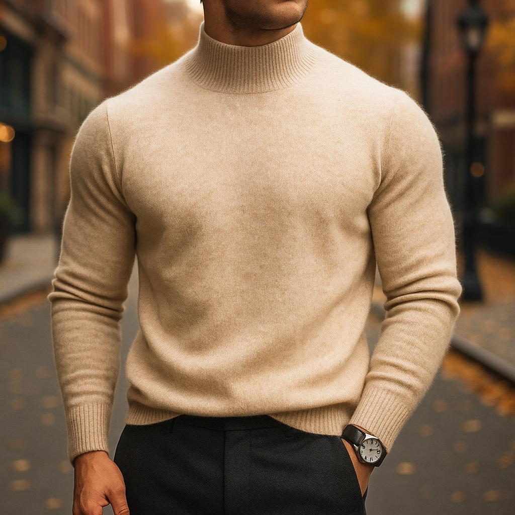 Pull en laine à col semi-montant pour homme, coupe moderne et maille fine