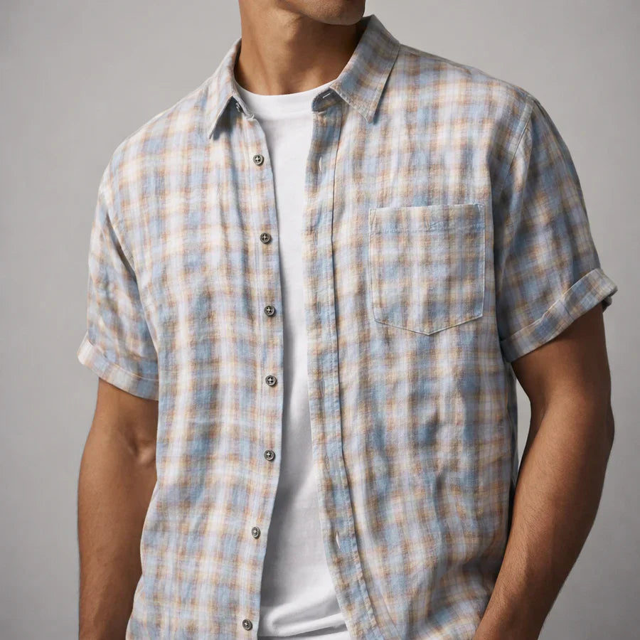Chemise à carreaux rétro en coton pour homme, col boutonné et manches courtes