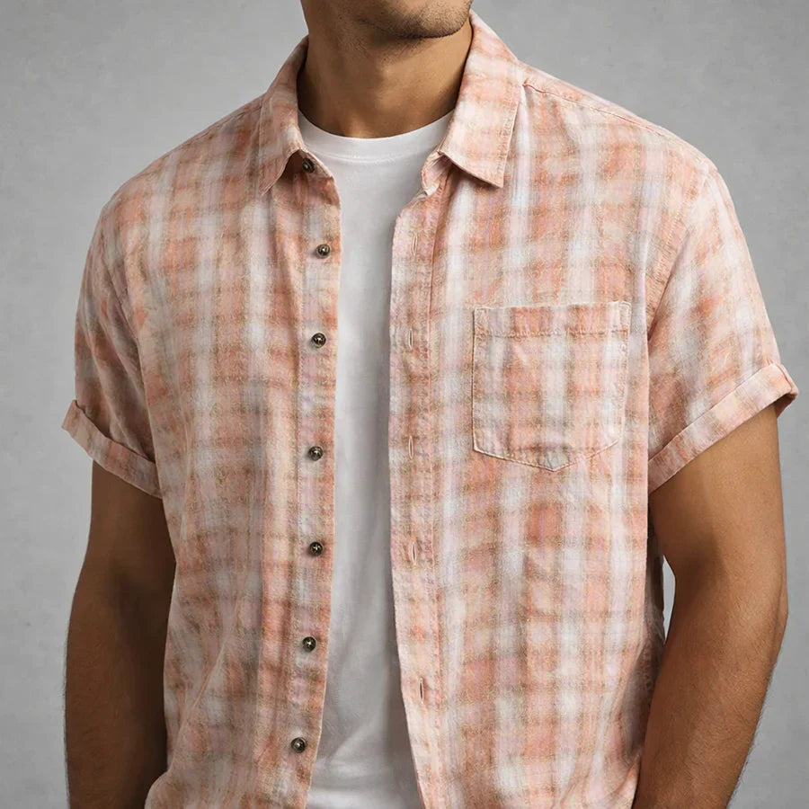 Chemise à carreaux rétro en coton pour homme, col boutonné et manches courtes