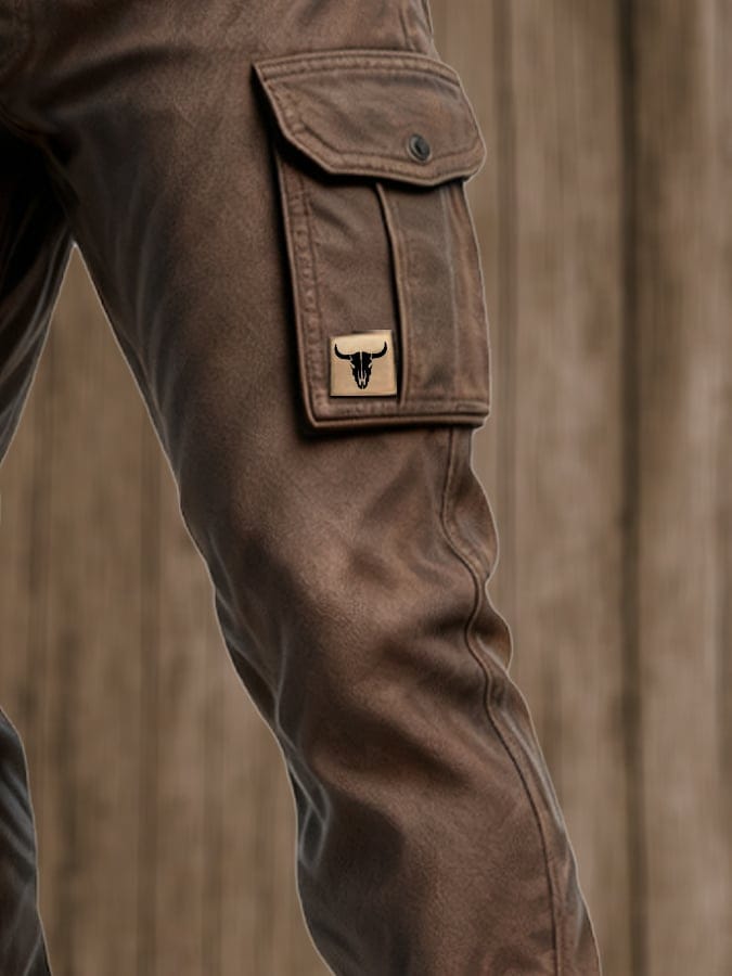 Pantalon cargo utilitaire marron pour homme à coupe droite avec poches à rabat