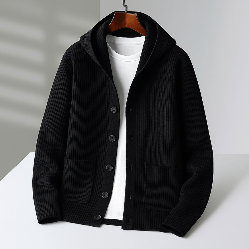 Cardigan à capuche en laine pour homme avec ourlet et poignets côtelés