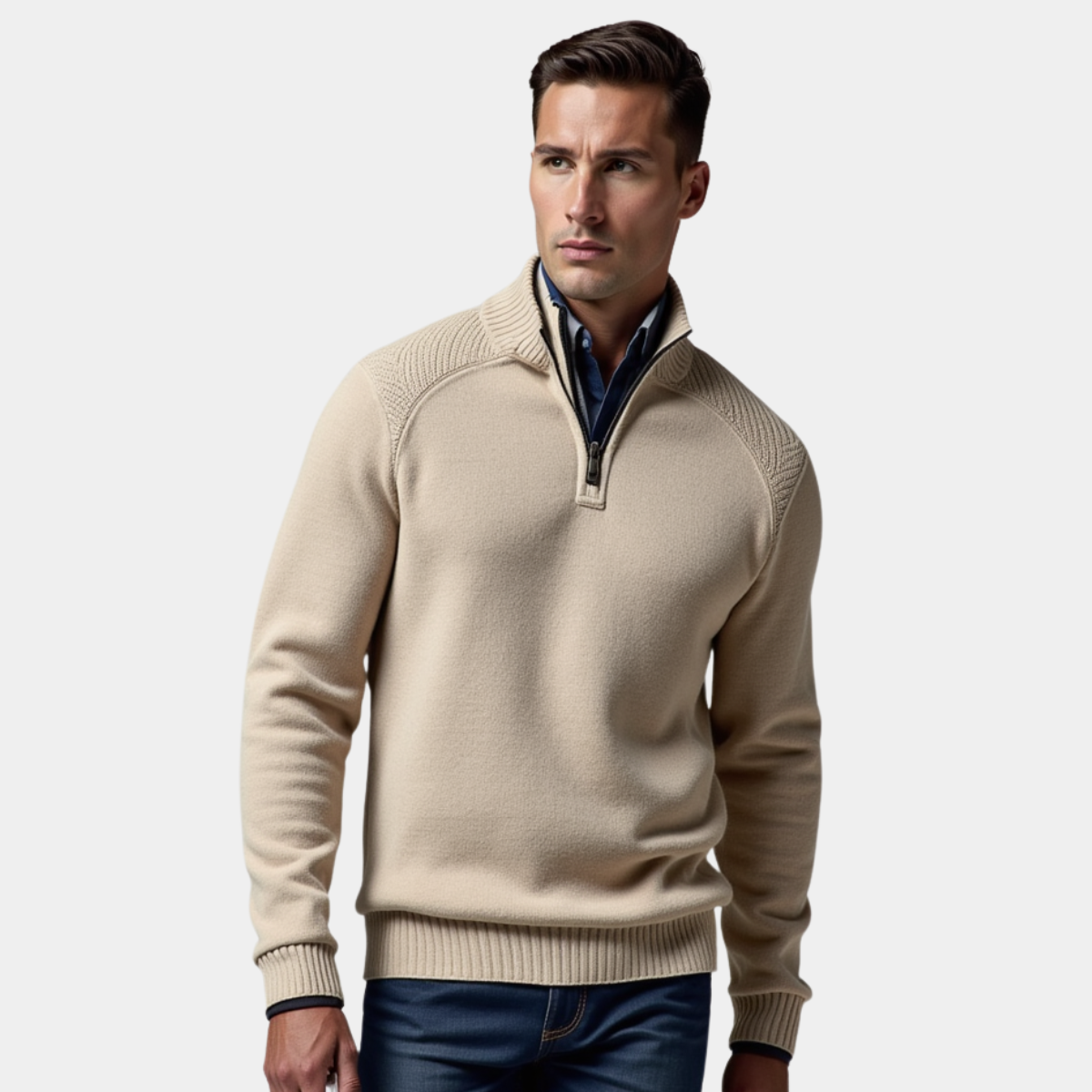 Pull homme à col montant et demi-fermeture éclair en coton, coupe ajustée