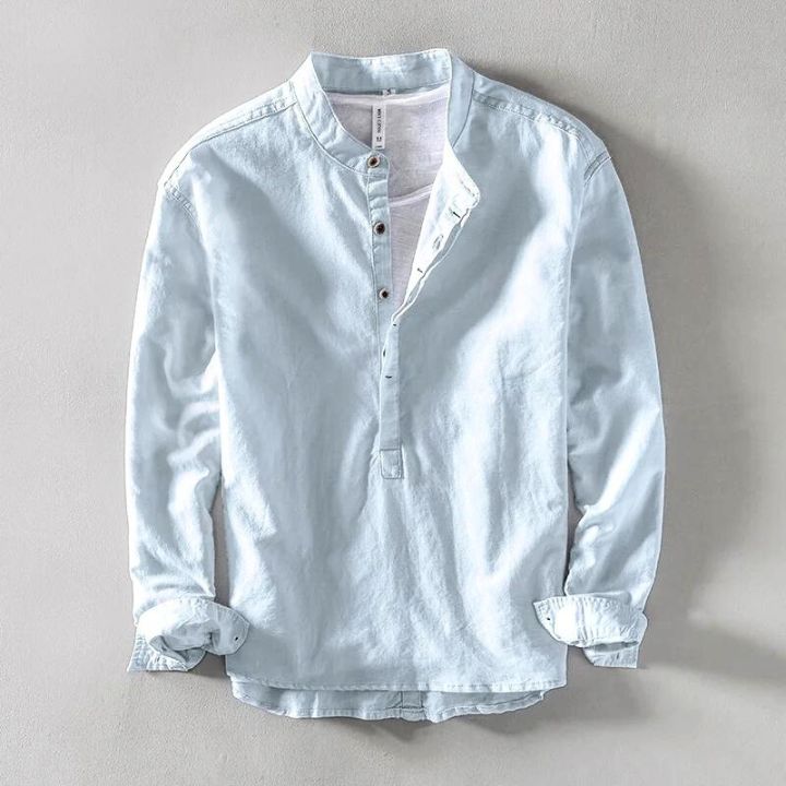 Chemise en lin lavé pour homme à encolure ouverte et patte à quatre boutons