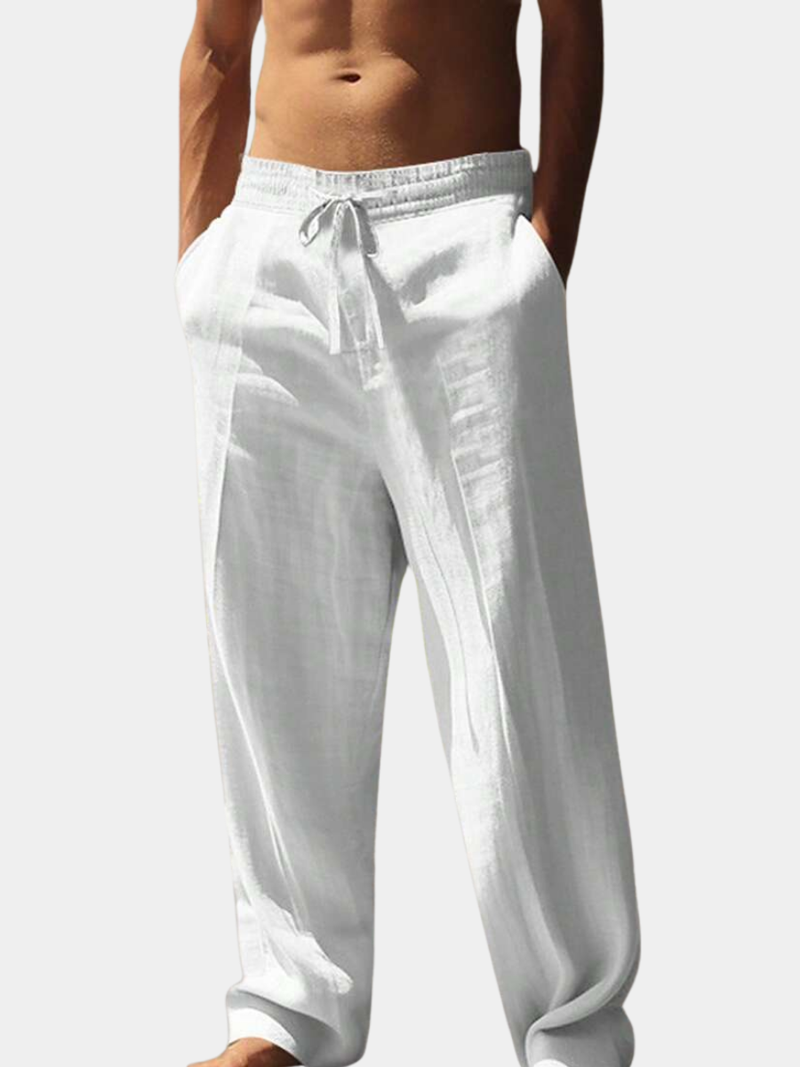 Pantalon en lin léger pour homme à jambes droites avec taille élastique et cordon