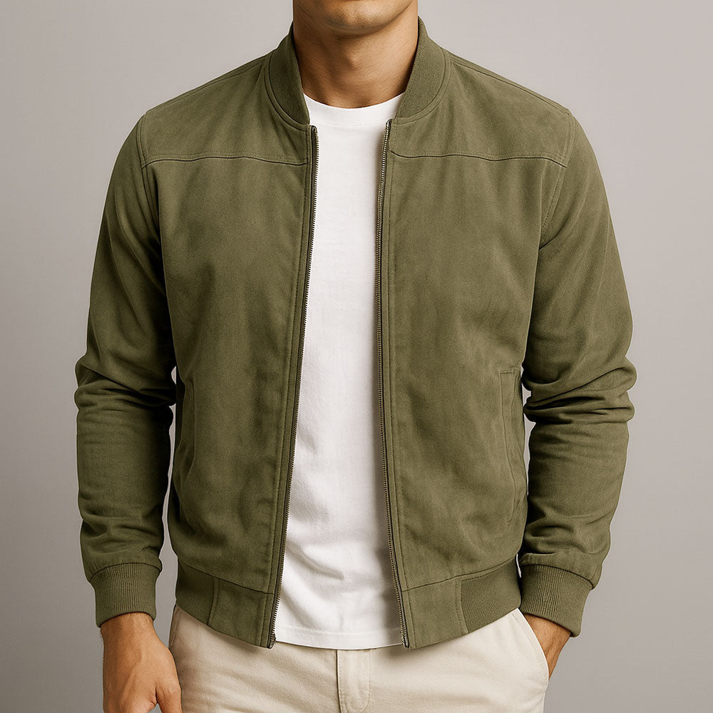 Veste homme en cuir suédé marron à col précis et silhouette épurée