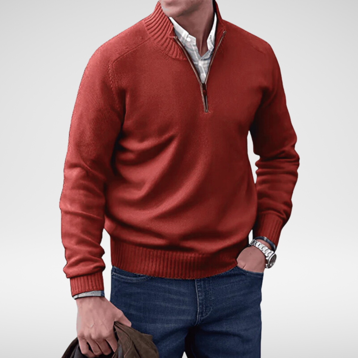 Pull homme à col montant et demi-fermeture éclair en coton, coupe ajustée
