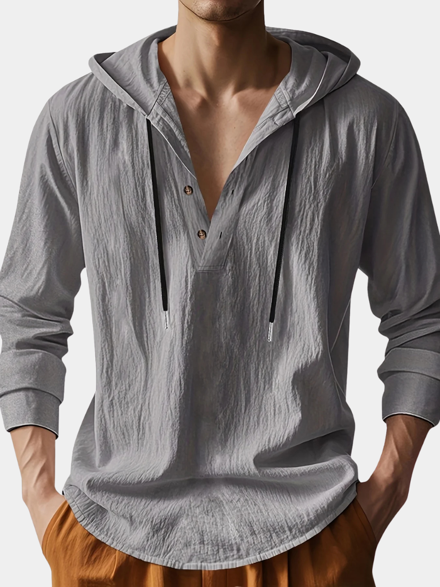 Chemise henley en lin à capuche pour homme, coupe décontractée avec col boutonné