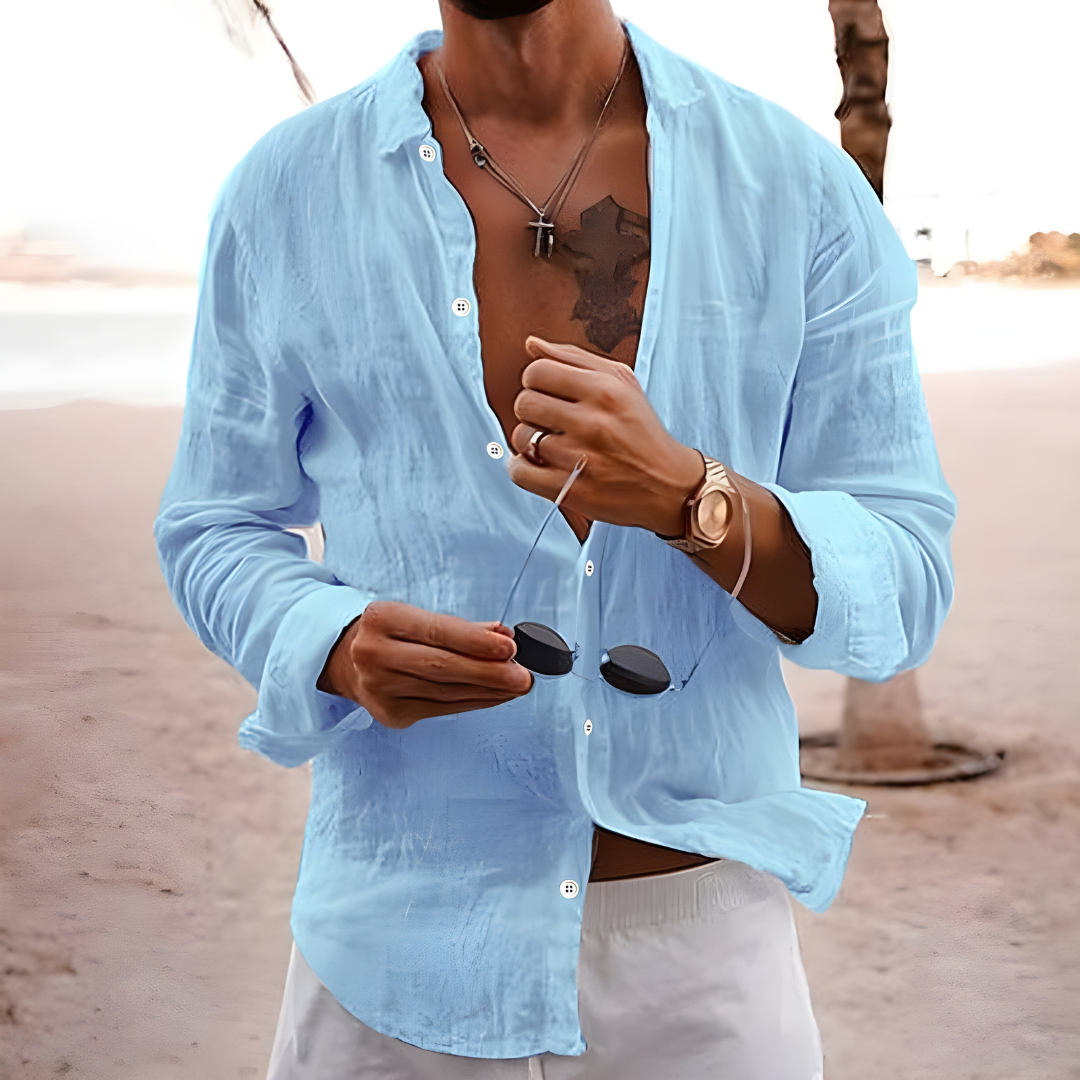 Chemise d'été en coton naturel à coupe fluide pour homme avec manches retroussables