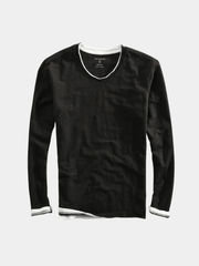 T-shirt homme à manches longues en coton avec col en V, coupe ajustée