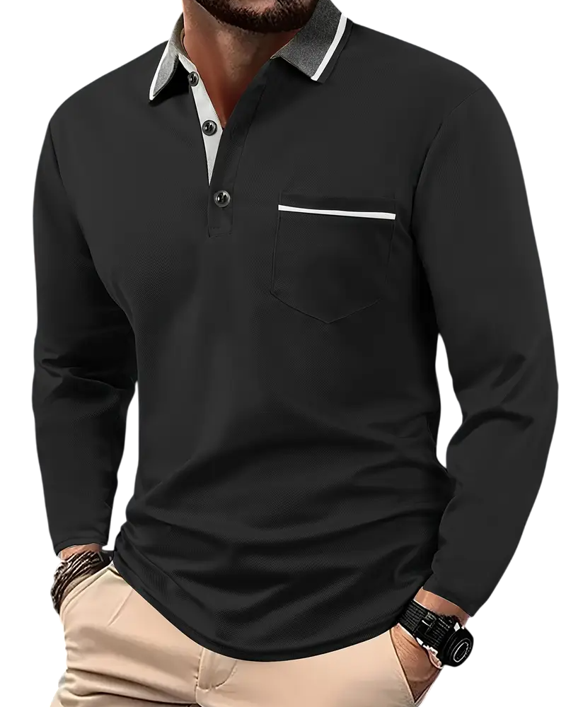 Polo à manches longues en coton mélangé pour homme, col structuré et coutures contrastées