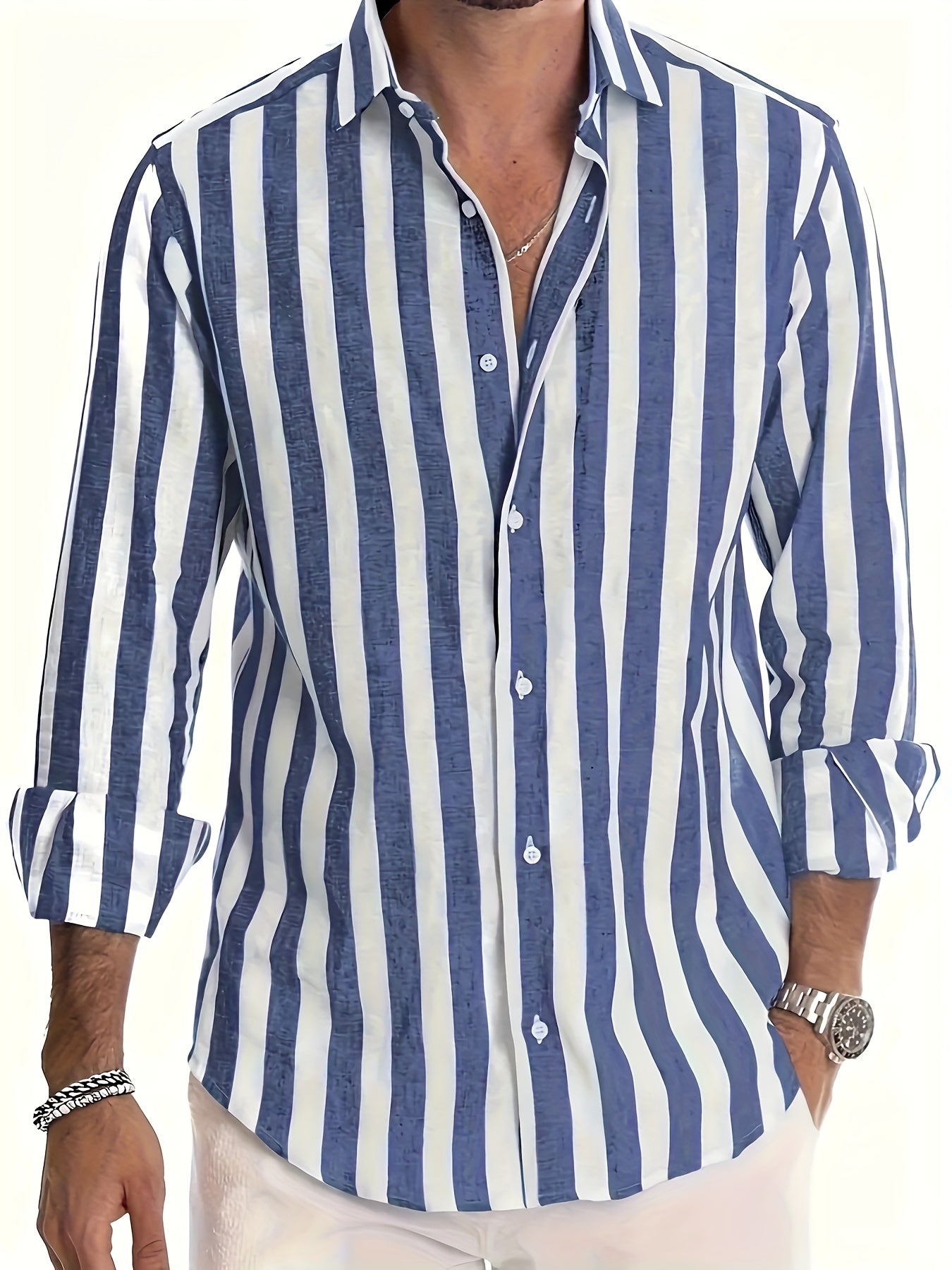 Chemise à rayures pour homme en mélange de lin et coton avec col à revers structuré
